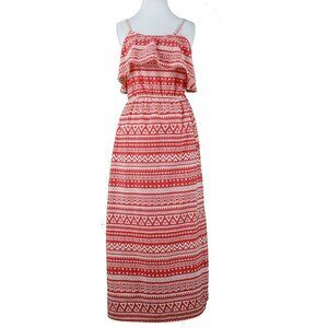 Indulge Sz M Red Beige Long Ruffle Neck Elastic Waist 16" Slit Poly Maxi Dress